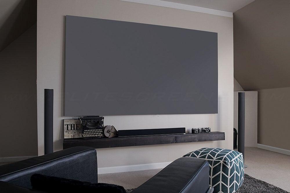 Elite Screens Aeon CineGrey 3D, en ramspänd grå ALR-projektorduk på 120 tum